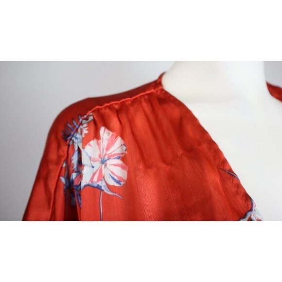 TIME AND TRU - WOMEN'S ORANGE FLORAL PRINT SILKY TEXTURED TOP - - Picture 3 of 8